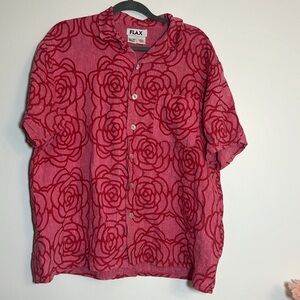 FLAX Linen Floral Rose Button Front Short Sleeve Shirt Red Pink Small